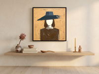 Woman in a Wide Hat Wall Art — Original Palette-Knife Oil, Ochre & Navy — original hand-painted oil shown on the wall in a styled room