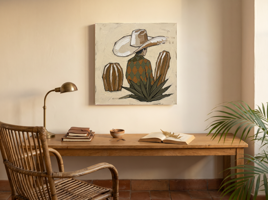 Cowboy in a Cactus Field Wall Art — Original Palette-Knife Oil, Olive & Rust