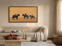Three Children on Ponies Wide Wall Art — Original Palette-Knife Oil, Navy & Golden Ochre — original hand-painted oil shown on the wall in a styled room