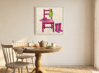 Cowboy Chair Still Life Wall Art — Original Palette-Knife Oil, Pink & Lime — original hand-painted oil shown on the wall in a styled room