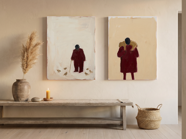 Pigeon-Feeder & Shepherd — Set of 2 Original Oils, Wine & Oat