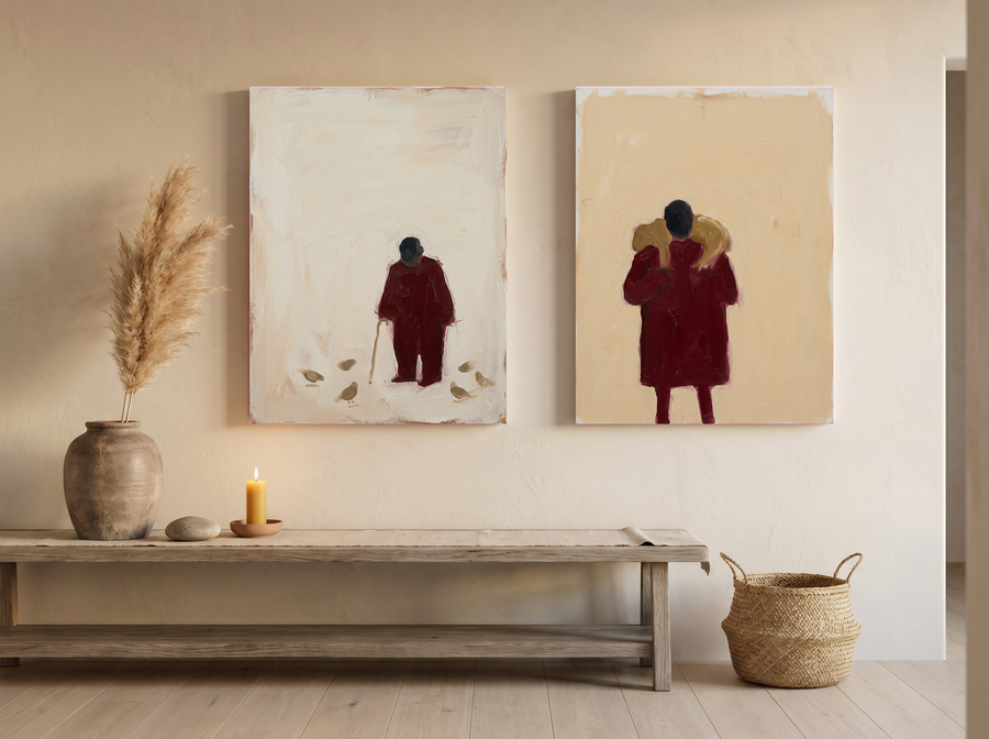 Pigeon-Feeder & Shepherd — Set of 2 Original Oils, Wine & Oat