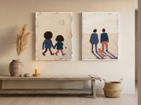 Couple Holding Hands & Couple at Dusk — Set of 2 Original Oils, Indigo & Coral — original hand-painted oil shown on the wall in a styled room