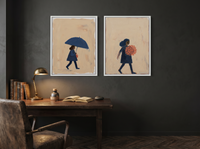 Woman with Umbrella & Woman with Bouquet — Set of 2 Original Oils, Indigo & Coral — original hand-painted oil shown on the wall in a styled room