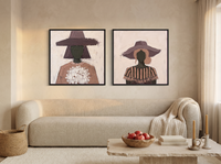 Women in Hats — Set of 2 Original Oils, Mauve & Rose — original hand-painted oil shown on the wall in a styled room