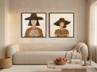 Women in Hats — Set of 2 Original Oils, Chocolate & Tan — original hand-painted oil shown on the wall in a styled room