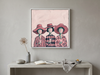 Three Women in Hats Wall Art — Original Palette-Knife Oil, Pink & Navy — original hand-painted oil shown on the wall in a styled room