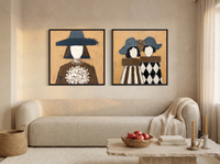 Bouquet Woman & Two Sisters — Set of 2 Original Oils, Slate Blue on Ochre — original hand-painted oil shown on the wall in a styled room