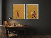 Woman with Umbrella & Woman with Bouquet — Set of 2 Original Oils, Mustard & Rose — original hand-painted oil shown on the wall in a styled room