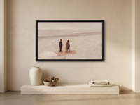 Two Figures on a Misty Beach Wide Wall Art — Original Oil, Mauve & Taupe — original hand-painted oil shown on the wall in a styled room