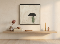 Woman Under an Umbrella Wall Art — Original Oil, Sage & Charcoal — original hand-painted oil shown on the wall in a styled room