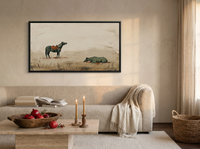 Standing and Resting Horses Wide Wall Art — Original Palette-Knife Oil, Sage Green & Terracotta — original hand-painted oil shown on the wall in a styled room
