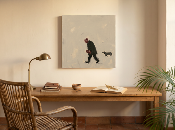 Man Walking His Dachshund Wall Art — Original Oil, Charcoal & Oxblood