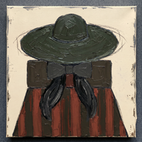 Oil painting of a cowgirl in a dark olive hat with a wide flat angular brim, an oxblood face, charcoal bow and oxblood-and-olive striped body, on a cream ground.
