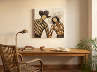 Dancing Couple Wall Art — Original Palette-Knife Oil, Brown & Caramel — original hand-painted oil shown on the wall in a styled room