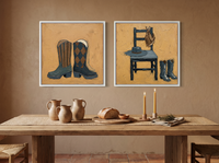 Cowboy Boots & Hat — Set of 2 Original Oils, Ochre & Navy — original hand-painted oil shown on the wall in a styled room