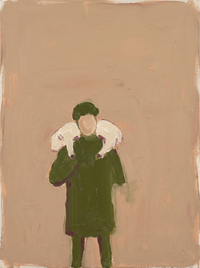 Oil painting of a father and small child in moss-green coats with pale heads, the child holding a plum-coloured posy, on a clay-tan ground.