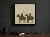 Two Riders on Horseback Wall Art — Original Palette-Knife Oil, Olive & Rust — original hand-painted oil shown on the wall in a styled room