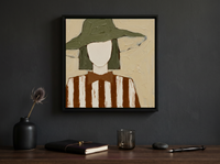 Lady in a Floppy Hat Wall Art — Original Palette-Knife Oil, Olive & Cream — original hand-painted oil shown on the wall in a styled room