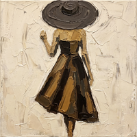 Original oil painting of a woman seen from behind walking away in a wide swirled espresso hat and a flared dress striped in dark brown and gold, on a cream ground