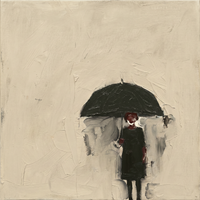 Original oil painting of a woman with an oxblood face under a wide black umbrella, dark dress, on a grey-cream ground