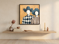 Cowboy & Cowgirl Wall Art — Original Palette-Knife Oil, Slate Blue & Ochre — original hand-painted oil shown on the wall in a styled room