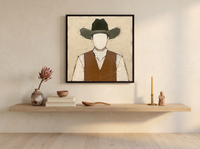 Cowboy in a Vest Wall Art — Original Palette-Knife Oil, Olive & Caramel — original hand-painted oil shown on the wall in a styled room