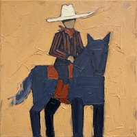 Oil painting of a deep navy horse in profile with a vermilion saddle blanket and cream-streaked mane, on a textured mustard-gold ground.