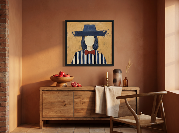 Lady in an Angular Navy Hat Wall Art — Original Palette-Knife Oil, Navy & Red