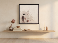 Woman Watering a Plant Wall Art — Original Palette-Knife Oil, Mauve & Rose-Brown — original hand-painted oil shown on the wall in a styled room