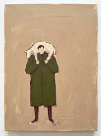 Oil painting of a shepherd in a moss-green coat lifting a pale lamb to his shoulder, on a warm mocha ground.