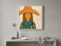 Lady in a Pumpkin Hat Wall Art — Original Palette-Knife Oil, Pumpkin & Teal — original hand-painted oil shown on the wall in a styled room