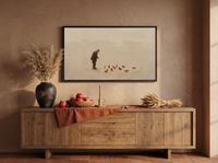 Man Feeding Pigeons Wide Wall Art — Original Oil Landscape, Chocolate & Cream — original hand-painted oil shown on the wall in a styled room