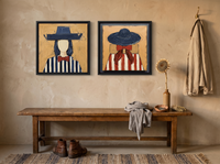 Cowgirls Turning Toward Each Other — Set of 2 Original Oils, Navy & Vermilion — original hand-painted oil shown on the wall in a styled room