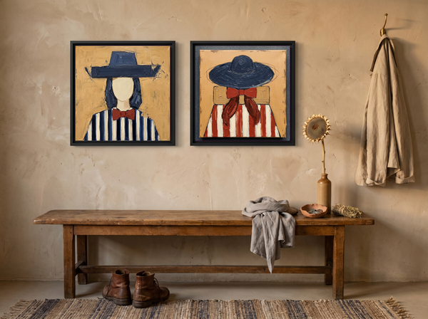 Cowgirls Turning Toward Each Other — Set of 2 Original Oils, Navy & Vermilion