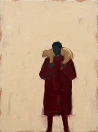 Oil painting of a figure in a deep wine robe lifting a pale lamb to the shoulder, on a warm sand ground.