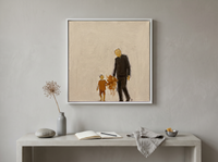 Father & Child Walking Wall Art — Original Palette-Knife Oil, Chocolate & Rust — original hand-painted oil shown on the wall in a styled room