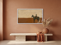 Cowboy on Horseback Wide Wall Art — Original Palette-Knife Oil, Olive & Burnt Sienna — original hand-painted oil shown on the wall in a styled room