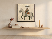 Cowboy on Horseback Wall Art — Original Palette-Knife Oil, Grey & Olive — original hand-painted oil shown on the wall in a styled room
