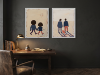 Couple Holding Hands & Couple at Dusk — Set of 2 Original Oils, Indigo & Coral — original hand-painted oil shown on the wall in a styled room