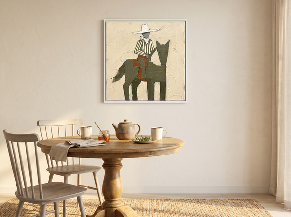 Cowgirl on Horseback Wall Art — Original Palette-Knife Oil, Olive & Cream