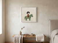 Child on a Pony Wall Art — Original Palette-Knife Oil, Sage & Terracotta — original hand-painted oil shown on the wall in a styled room