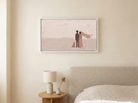 Wedding Couple & Dog Wide Wall Art — Original Palette-Knife Oil, Mauve & Blush — original hand-painted oil shown on the wall in a styled room