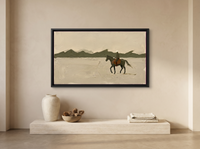 Lone Rider and Mountain Ridge Wide Wall Art — Original Palette-Knife Oil, Olive & Oat — original hand-painted oil shown on the wall in a styled room