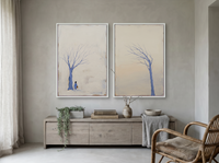 Mirrored Bare Trees — Set of 2 Original Oils, Periwinkle Mist — original hand-painted oil shown on the wall in a styled room