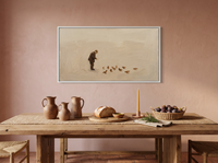 Man Feeding Pigeons Wide Wall Art — Original Oil Landscape, Chocolate & Cream — original hand-painted oil shown on the wall in a styled room