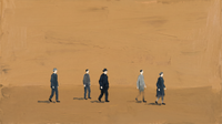 Original wide oil painting of five small figures in navy coats walking in a loose uneven line across a vast empty golden-ochre ground, Lowry-style with generous negative space