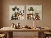 Cowboy & Cowgirl, Front & Back — Set of 2 Original Oils, Olive & Sienna — original hand-painted oil shown on the wall in a styled room