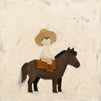 Original oil painting of a small child in a straw hat on a chocolate-brown pony, facing right, heavy palette-knife texture on a cream ground