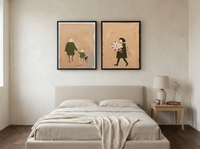 Father & Child with Woman & Bouquet — Set of 2 Original Oils, Moss & Clay — original hand-painted oil shown on the wall in a styled room